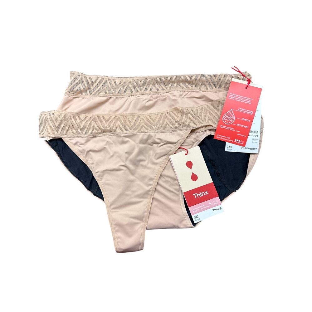 3x Beige and Black Thinx Absorbent Underwear Hip Hugger and Thong set